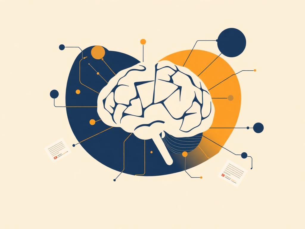 Abstract illustration of a brain connected to documents and geometric shapes representing an AI content engine